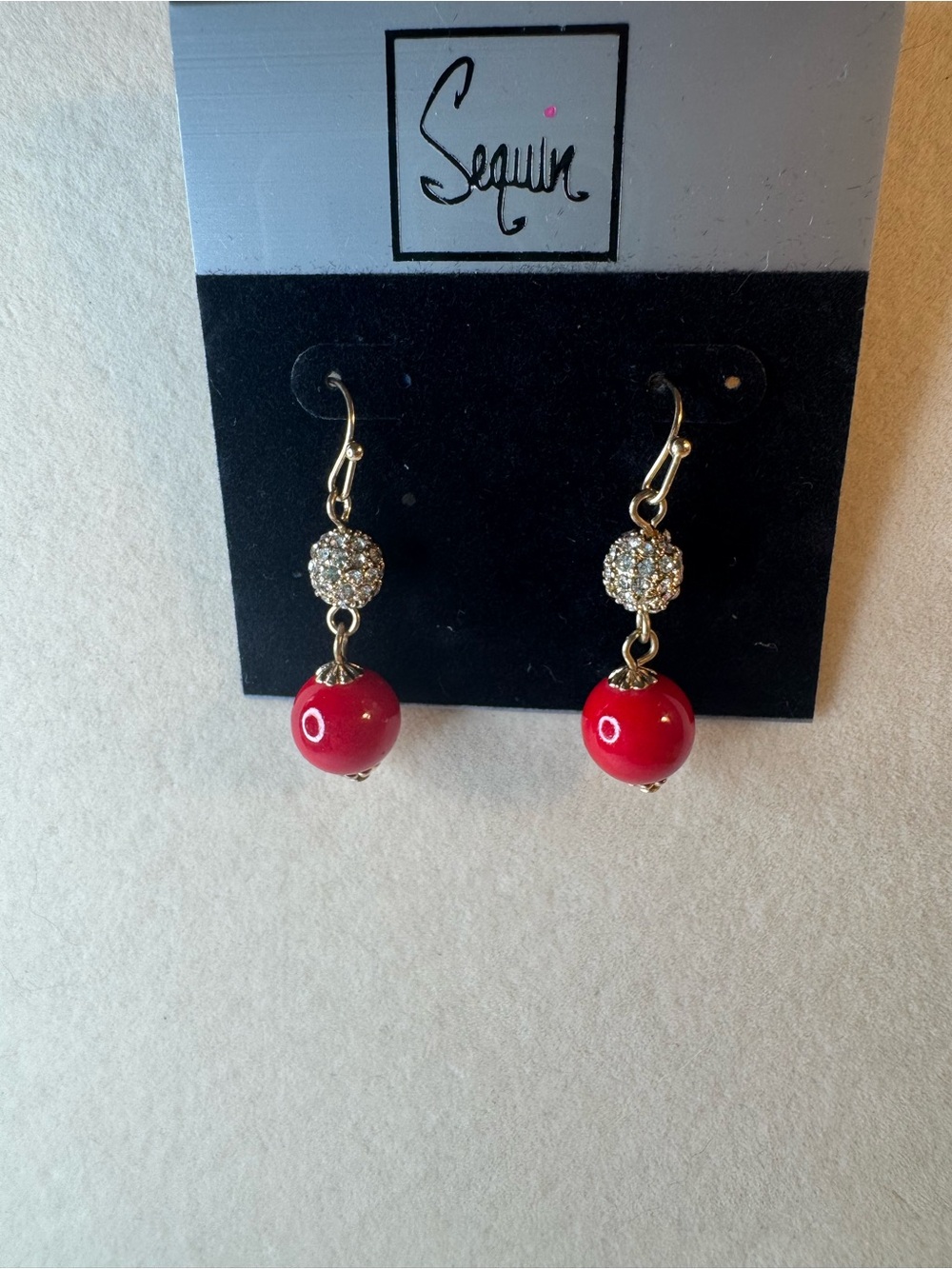 New Sequin Red Bead Drop Earrings with Crystal Accent